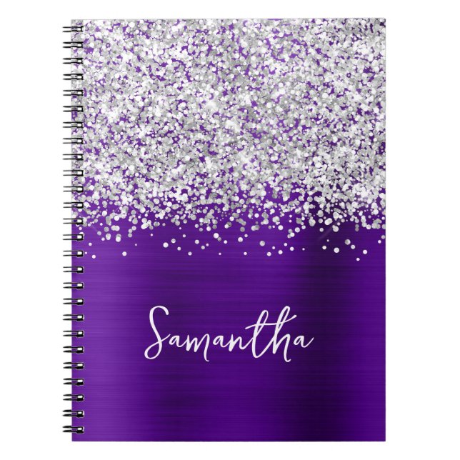 Caderno Espiral Nome do Script de Glam Roxo do Silver Glitter Indi (Frente)
