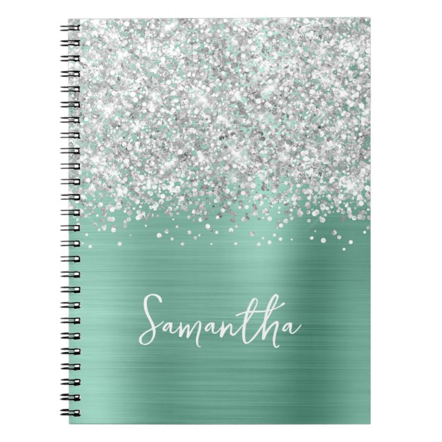 Caderno Espiral Nome do Script de Glama de Teal Leve da Silver Gli (Frente)