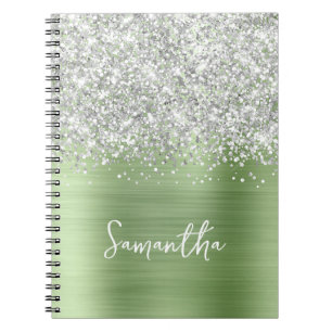 Caderno Espiral Nome do Script do Glam da Mint Glitter Silver