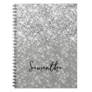 Caderno Espiral Nome do Script do Glam do Diamond do Silver Glitte