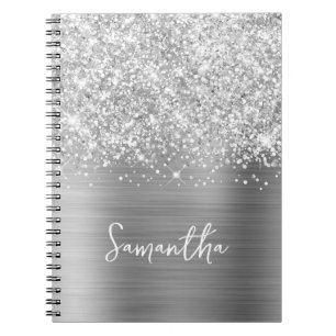 Caderno Espiral Nome do Script do Glam do Silver Glittery