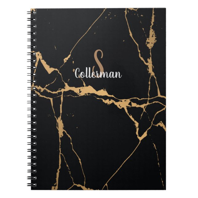 Caderno Espiral Nome do Script do Monograma do Mármaco Preto e Dou (Frente)