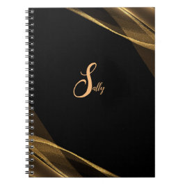 Caderno Espiral Nome do Script do Monograma Dourado e Preto Elegan