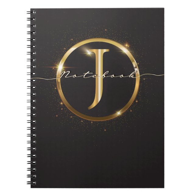 Caderno Espiral Nome do Script do Monograma Dourado Preto Moderno  (Frente)