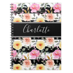 Caderno Espiral Nome do Script Floral Amarelo Cor-de-Rosa Preto