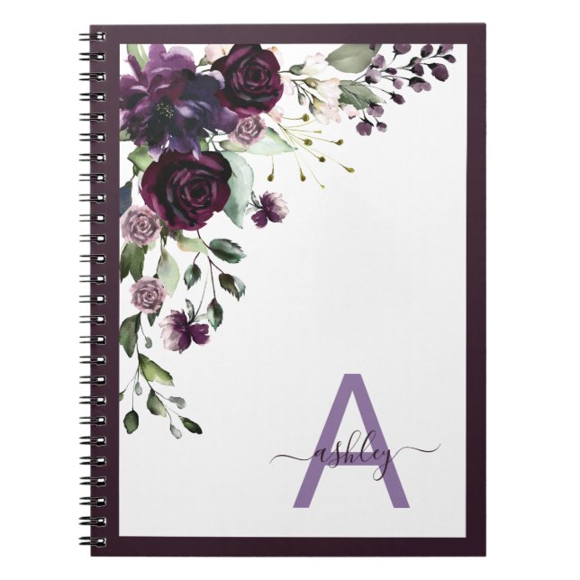 Caderno Espiral Nome do Script Floral Roxo da Pluma Monograma Inic (Frente)