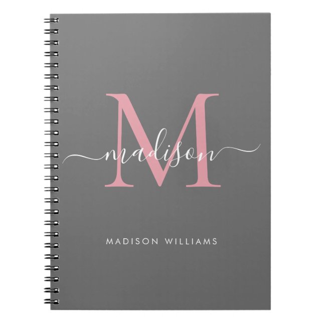 Caderno Espiral Nome do Script Girly Rosa Rosa Blush da Cinza do M (Frente)