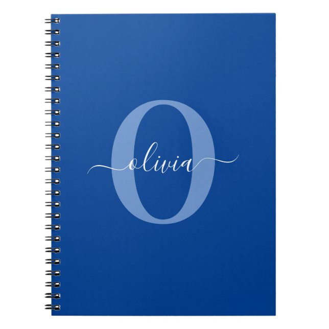 Caderno Espiral Nome do Script Monograma Personalizado Branco Azul (Frente)