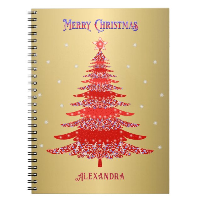 Caderno Espiral Nome Dourado da Árvore Vermelha de Natal Moderna (Frente)