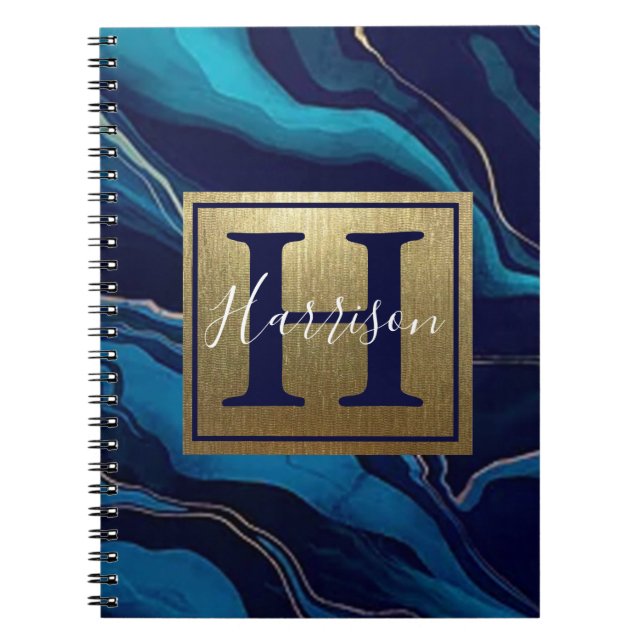 Caderno Espiral Nome Dourado e Monograma do mármore azul-marinho (Frente)