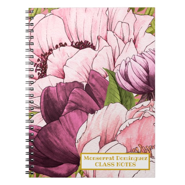 Caderno Espiral Nome Dourado personalizado Flores de Península Ros (Frente)