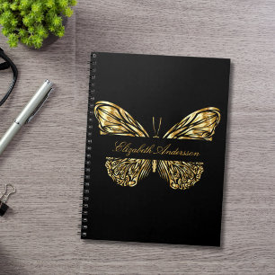 Caderno Espiral Nome elegante do ouro preto borboleta