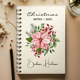 Caderno Espiral Nome Elegante Notas de Natal Poinsettia Rosa