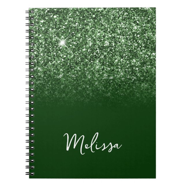 Caderno Espiral Nome em Letra Cursiva com Brilho Verde Esmeralda O (Frente)