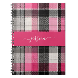 Caderno Espiral Nome em letra cursiva com xadrez tartan rosa e pre