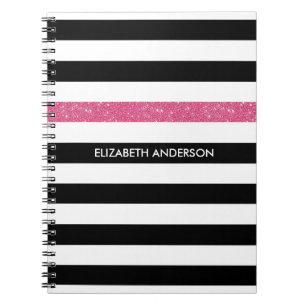 Caderno Espiral Nome Faixa Brilho Preto Branco Rosa