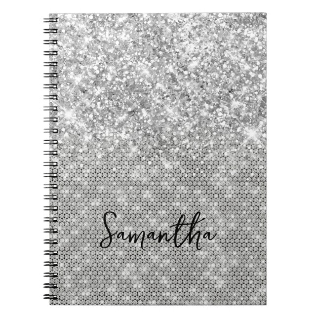 Caderno Espiral Nome Glam Diamante Brilho Prata Script (Frente)