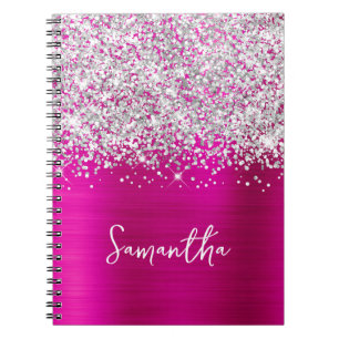 Caderno Espiral Nome Glamour Prateado Brilhante e Rosa Quente em L