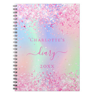 Caderno Espiral Nome holográfico de glitter rosa Diário