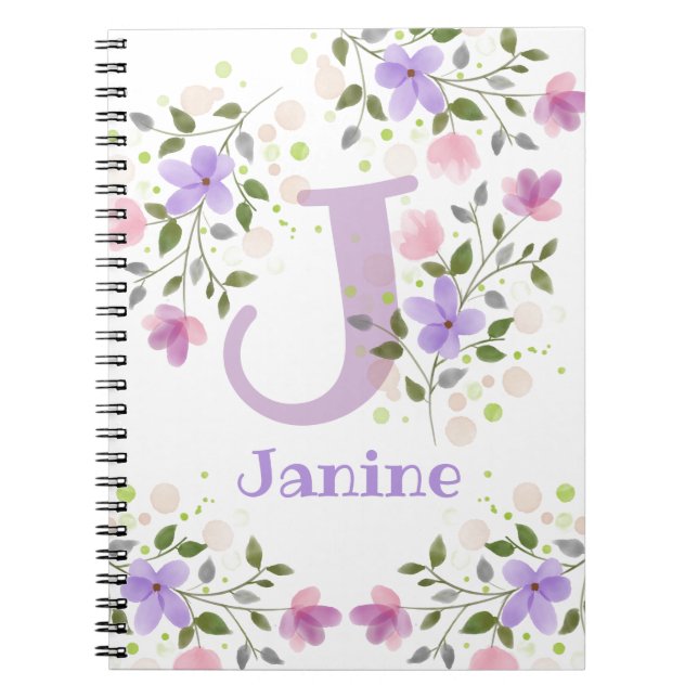 Caderno Espiral Nome inicial do Plus Janine com Flores (Frente)