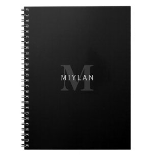 Caderno Espiral Nome Moderno & Monograma Cinza & Preto