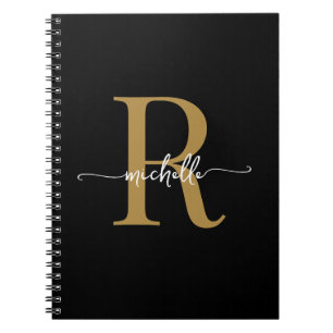 Caderno Espiral Nome Monograma em Letra Moderna Dourada Preta Femi