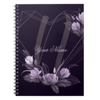 Caderno Espiral Nome Monograma Frame Geométrico Violeta Floral Rox