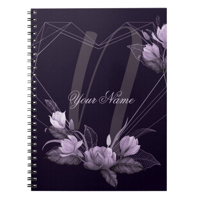 Caderno Espiral Nome Monograma Frame Geométrico Violeta Floral Rox (Frente)