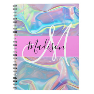 Caderno Espiral Nome Monograma Holográfico Iridescente Rosa Femini