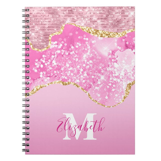 Caderno Espiral Nome Monograma Inicial Dourado Rosa Glam Glitter (Frente)