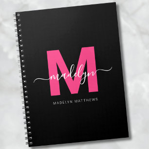 Caderno Espiral Nome Monograma Inicial Rosa Quente Feminino Preto