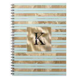 Caderno Espiral Nome Monograma Listras Dourado e Menta