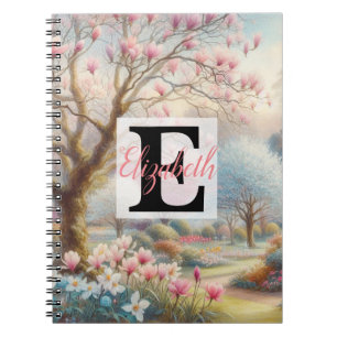 Caderno Espiral Nome monograma no parque floral em aquarela vintag