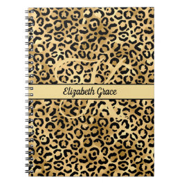Caderno Espiral Nome Monograma Preto Dourado Estampa Leopardo Guep
