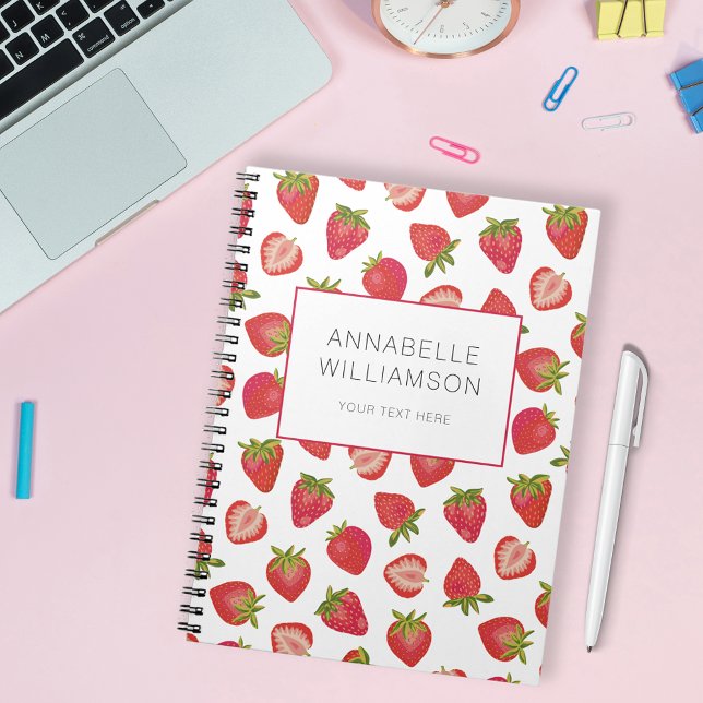 Caderno Espiral Nome Morango (Cute strawberry notebook with personalized text options; add your name, subject or choice of text)