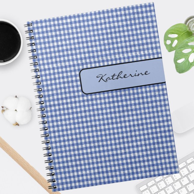 Caderno Espiral Nome no Faux Tab Blue Check Gingham 6,5x 8,75 (Criador carregado)