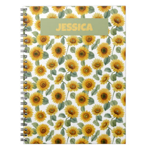 Caderno Espiral Nome Padrão Floral de Girassol Aquarela Personaliz