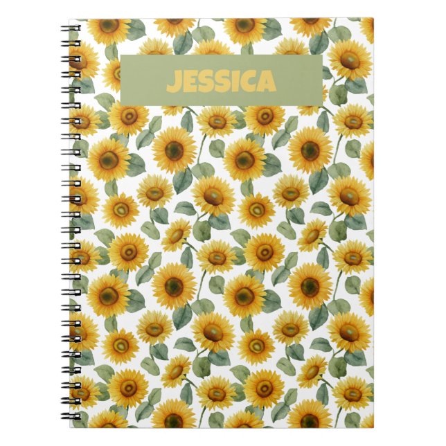 Caderno Espiral Nome Padrão Floral de Girassol Aquarela Personaliz (Frente)