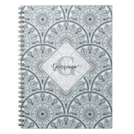 Caderno Espiral Nome Personalizado Art Deco Floral Harmonia Cinza