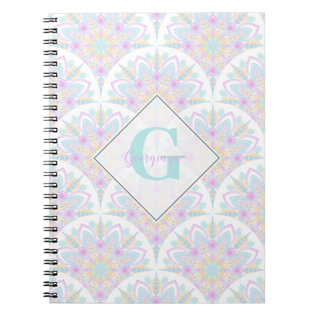 Caderno Espiral Nome Personalizado Art Deco Pastel Rainbow Floral  (Frente)