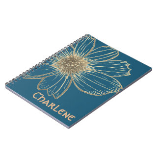 Caderno Espiral Nome Personalizado Bela design Flor Dourada