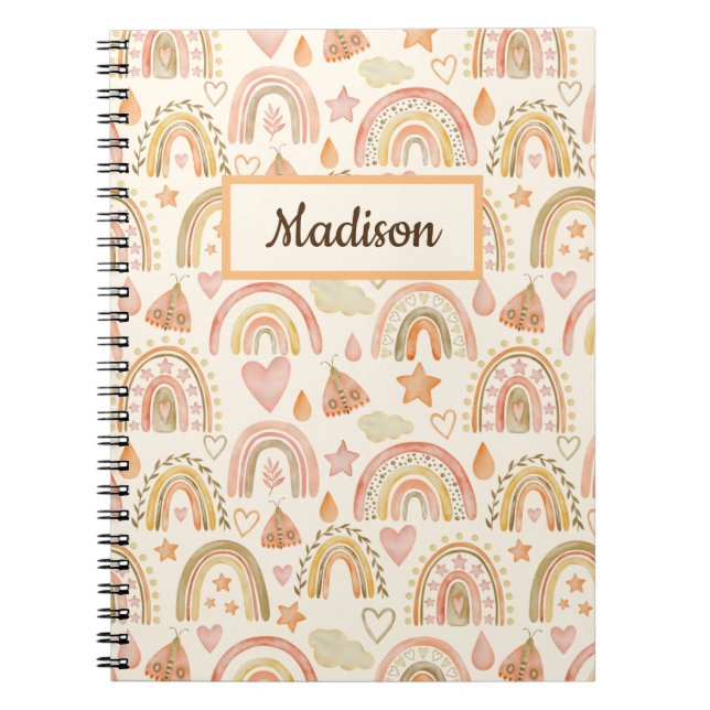 Caderno Espiral Nome Personalizado Bloco de Notas Gift Boho Rainbo (Frente)