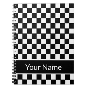 Caderno Espiral Nome personalizado Checkered preto e branco