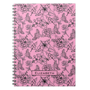 Caderno Espiral Nome personalizado cor-de-rosa com padrão floral g