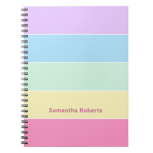Caderno Espiral Nome Personalizado Cores de Pastel Tiras Horizonta (Frente)