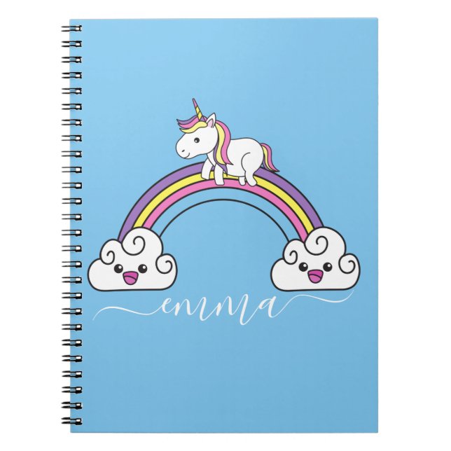 Caderno Espiral Nome Personalizado Cute Rainbow Unicorn (Frente)