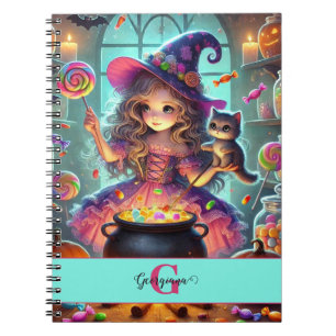 Caderno Espiral Nome Personalizado - Cute Whimsical Witch Hallowee