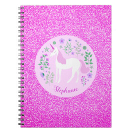 Caderno Espiral Nome Personalizado da Glitter Cor-de-Rosa Unicórn
