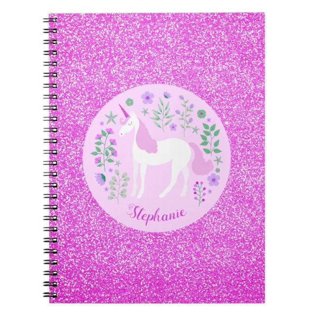 Caderno Espiral Nome Personalizado da Glitter Cor-de-Rosa Unicórn (Frente)