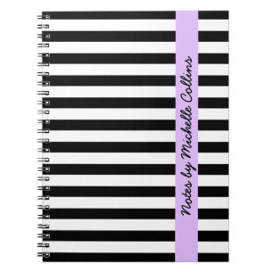 Caderno Espiral Nome personalizado das listras roxo preto e branco